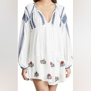 Free People White and Blue Embroidered Dress